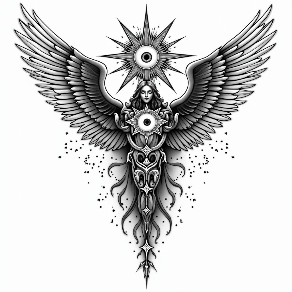 Angel of nirvanain prophecy tattoo style, featuring mystical symbols, celestial imagery like stars, moons, suns, geometric patterns, foretelling elements, an eye of wisdom - Variation 2