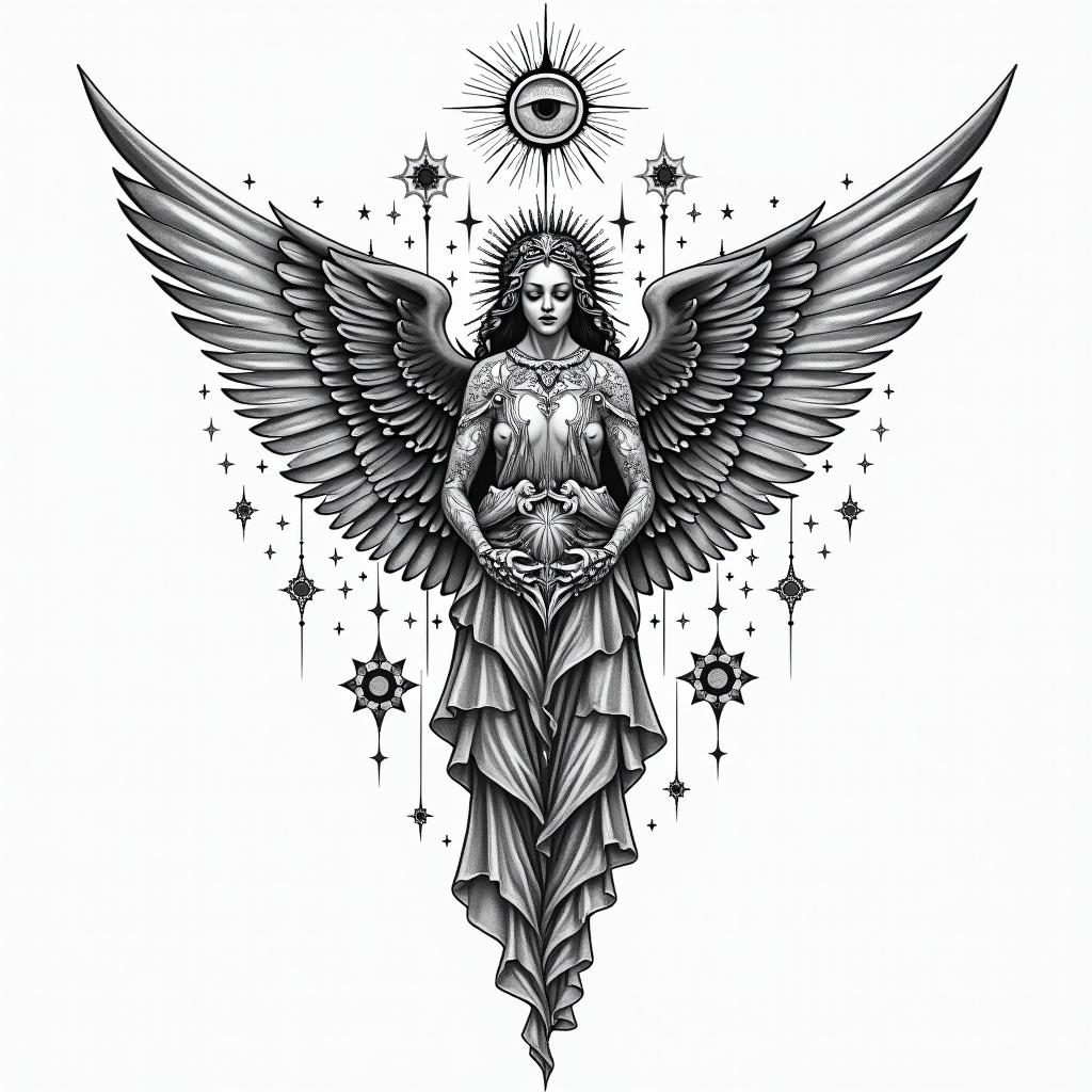 Angel of nirvanain prophecy tattoo style, featuring mystical symbols, celestial imagery like stars, moons, suns, geometric patterns, foretelling elements, an eye of wisdom