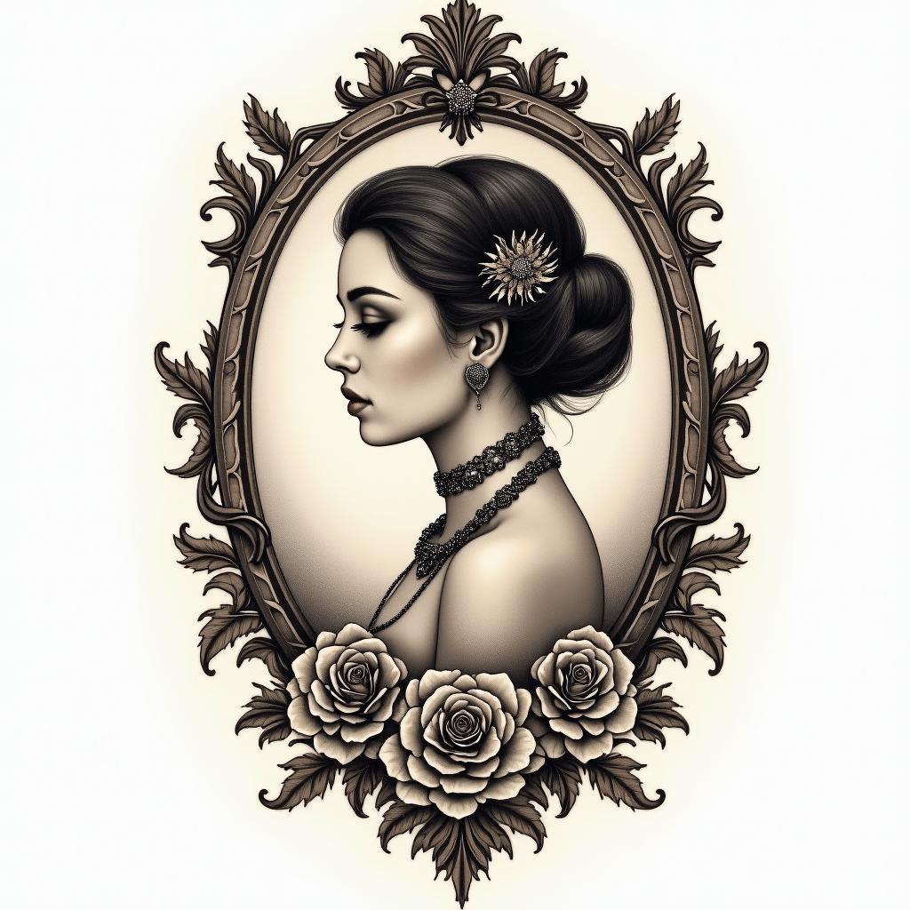 Ezra, Capricorn, December 27thin victorian style tattoo, featuring vintage and elegant elements, ornate frames, roses, antique, sepia-toned color scheme - Variation 2