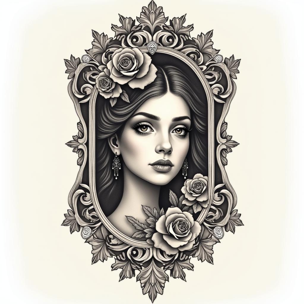 Ezra, Capricorn, December 27thin victorian style tattoo, featuring vintage and elegant elements, ornate frames, roses, antique, sepia-toned color scheme - Variation 4