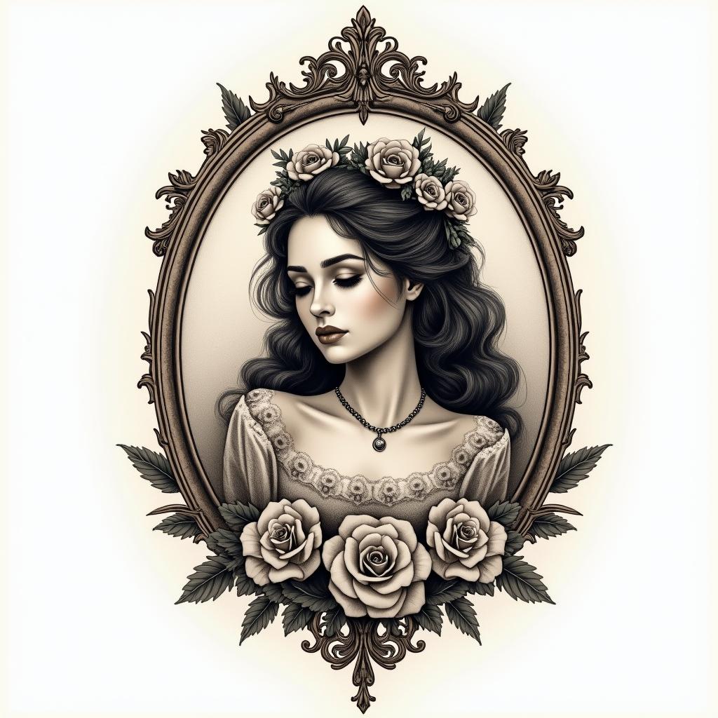 Ezra, Capricorn, December 27thin victorian style tattoo, featuring vintage and elegant elements, ornate frames, roses, antique, sepia-toned color scheme - Variation 3
