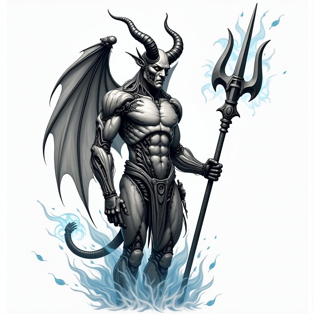 Devil holding a war trident as tall as him in his left hand. Have blue and white flames around himtattoo in biomechanic style, the tattoo covered by robotic elements of futuristic cyberpunk design, robotic features detail, showcasing intricate mechanical components - Variation 3