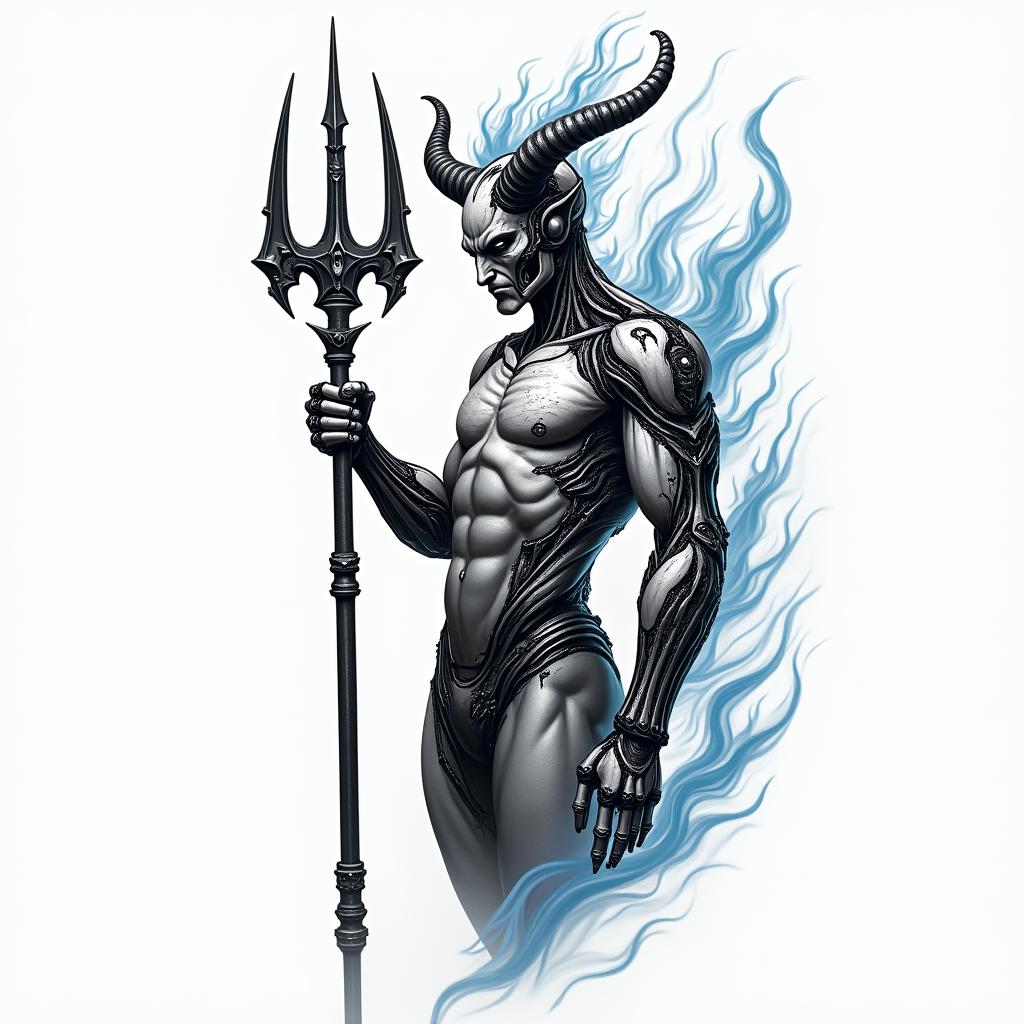 Devil holding a war trident as tall as him in his left hand. Have blue and white flames around himtattoo in biomechanic style, the tattoo covered by robotic elements of futuristic cyberpunk design, robotic features detail, showcasing intricate mechanical components - Variation 4