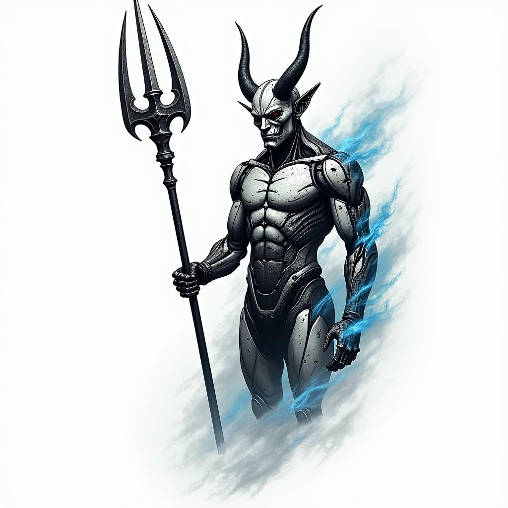 Devil holding a war trident as tall as him in his left hand. Have blue and white flames around himtattoo in biomechanic style, the tattoo covered by robotic elements of futuristic cyberpunk design, robotic features detail, showcasing intricate mechanical components - Variation 2