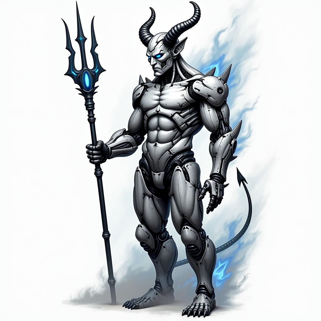 Devil holding a war trident as tall as him in his left hand. Have blue and white flames around himtattoo in biomechanic style, the tattoo covered by robotic elements of futuristic cyberpunk design, robotic features detail, showcasing intricate mechanical components