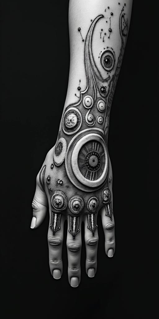 The phrase "idol hands are the devil's playground" portrayed through art. No wordstattoo in biomechanic style, the tattoo covered by robotic elements of futuristic cyberpunk design, robotic features detail, showcasing intricate mechanical components - Variation 4