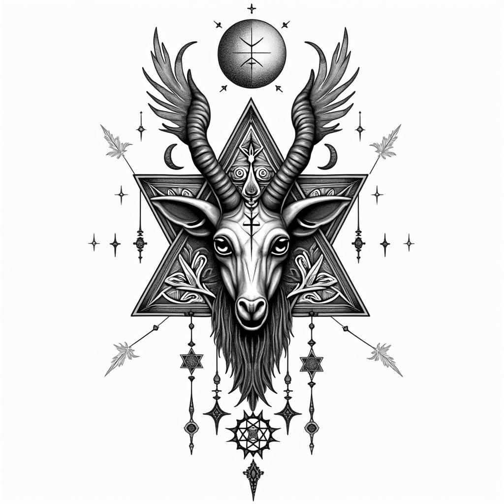 Ezra, Capricorn, December 27thin paganic style tattoo, featuring ancient symbols, add vegvisir symbol, mystical figures, incorporating designs, pentagrams, runes, crescent moons, - Variation 4