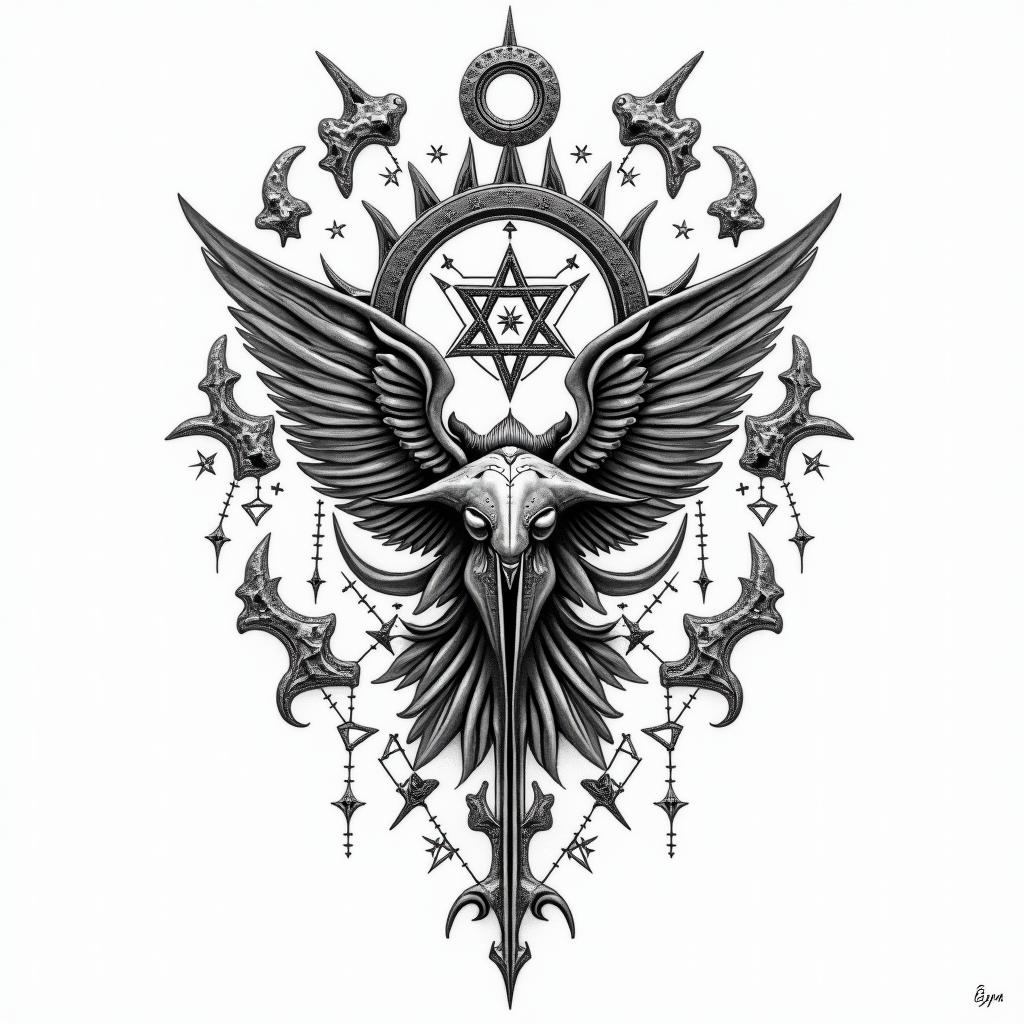 Ezra, Capricorn, December 27thin paganic style tattoo, featuring ancient symbols, add vegvisir symbol, mystical figures, incorporating designs, pentagrams, runes, crescent moons, - Variation 1