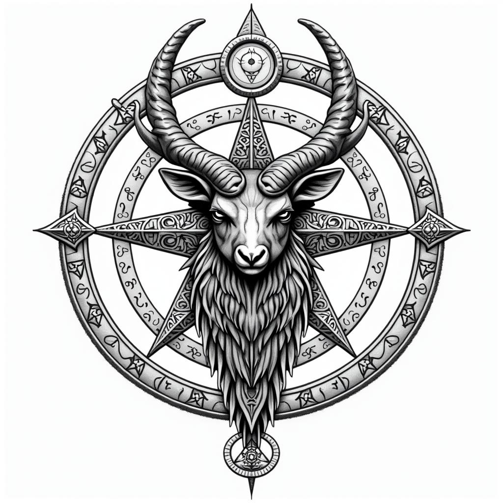 Ezra, Capricorn, December 27thin paganic style tattoo, featuring ancient symbols, add vegvisir symbol, mystical figures, incorporating designs, pentagrams, runes, crescent moons, - Variation 3
