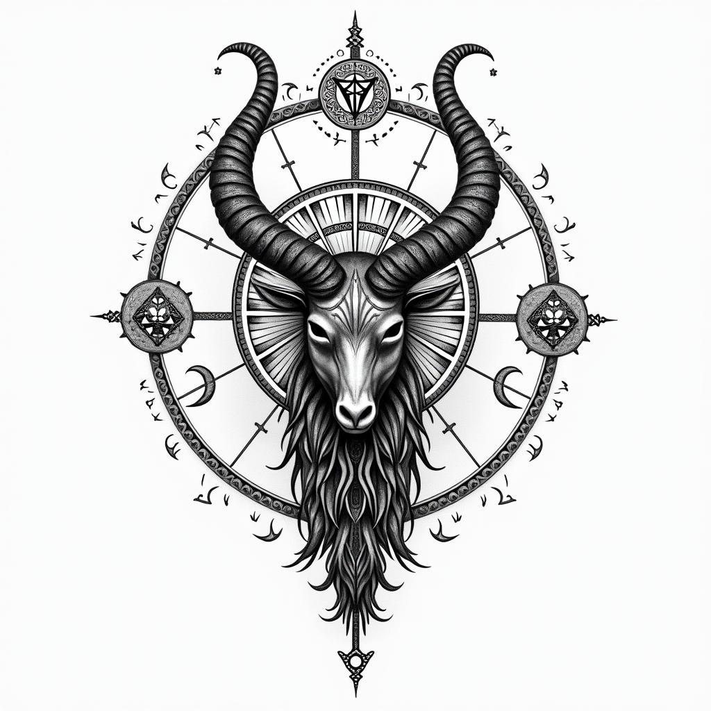 Ezra, Capricorn, December 27thin paganic style tattoo, featuring ancient symbols, add vegvisir symbol, mystical figures, incorporating designs, pentagrams, runes, crescent moons, - Variation 2