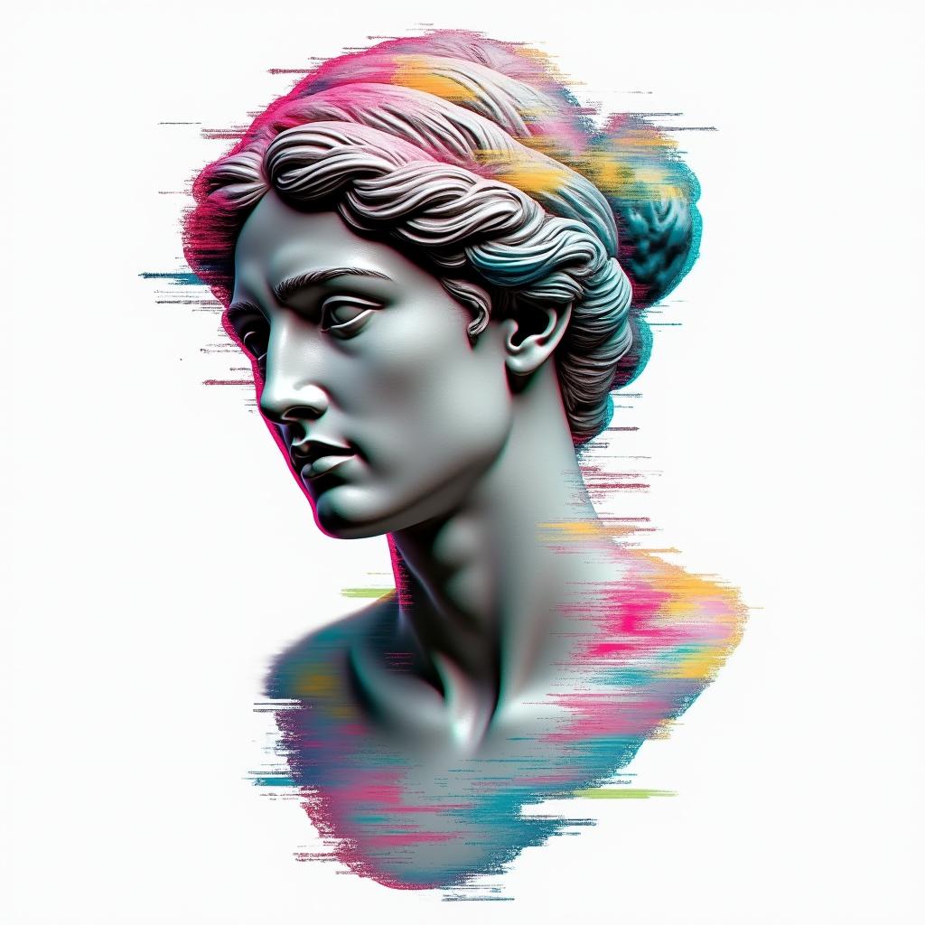 Perseverance and Headstrongin distorted and fragmented tattoo design, featuring a classical statue bust, in a glitch art style with vibrant, overlapping colors of cyan, magenta, and yellow, creating a digital distortion effect - Variation 4