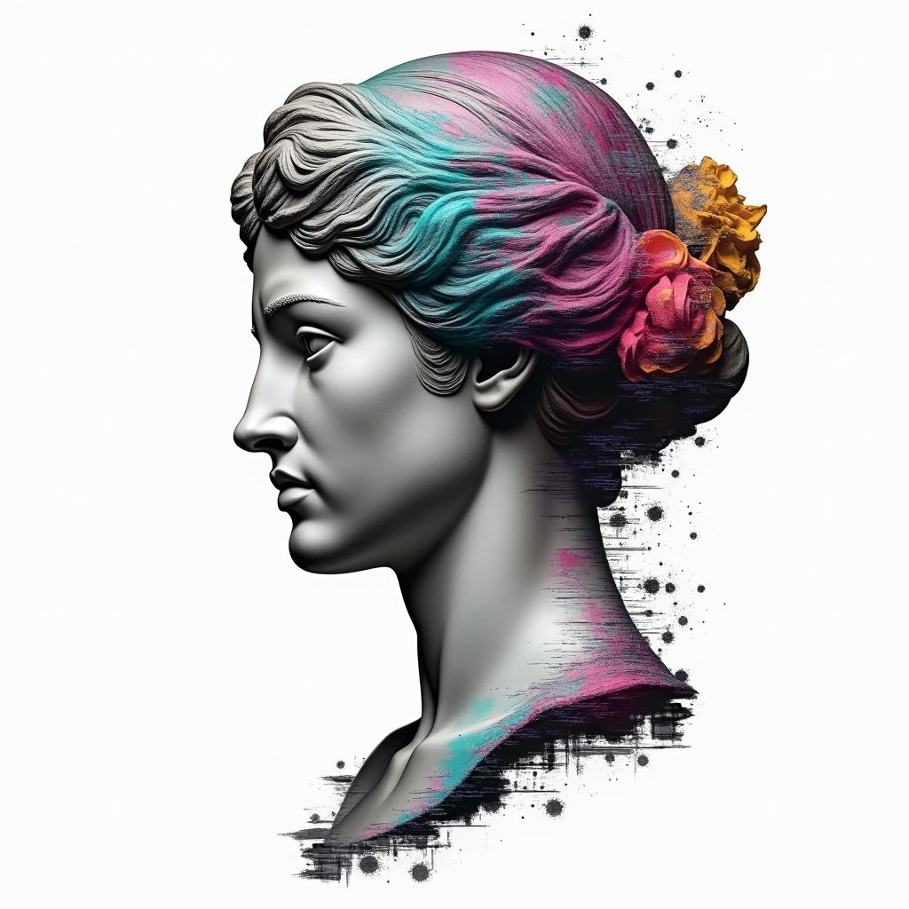 Perseverance and Headstrongin distorted and fragmented tattoo design, featuring a classical statue bust, in a glitch art style with vibrant, overlapping colors of cyan, magenta, and yellow, creating a digital distortion effect - Variation 3