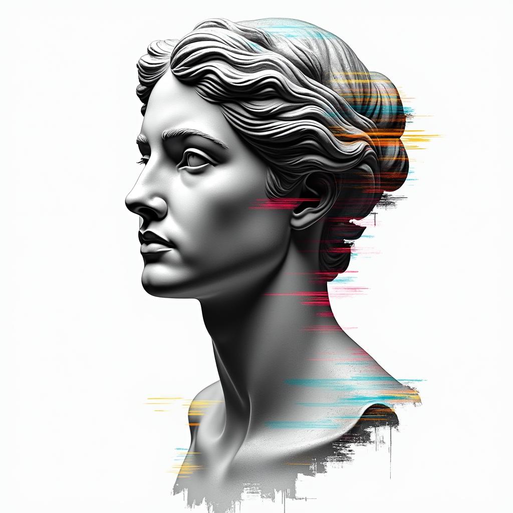 Perseverance and Headstrongin distorted and fragmented tattoo design, featuring a classical statue bust, in a glitch art style with vibrant, overlapping colors of cyan, magenta, and yellow, creating a digital distortion effect