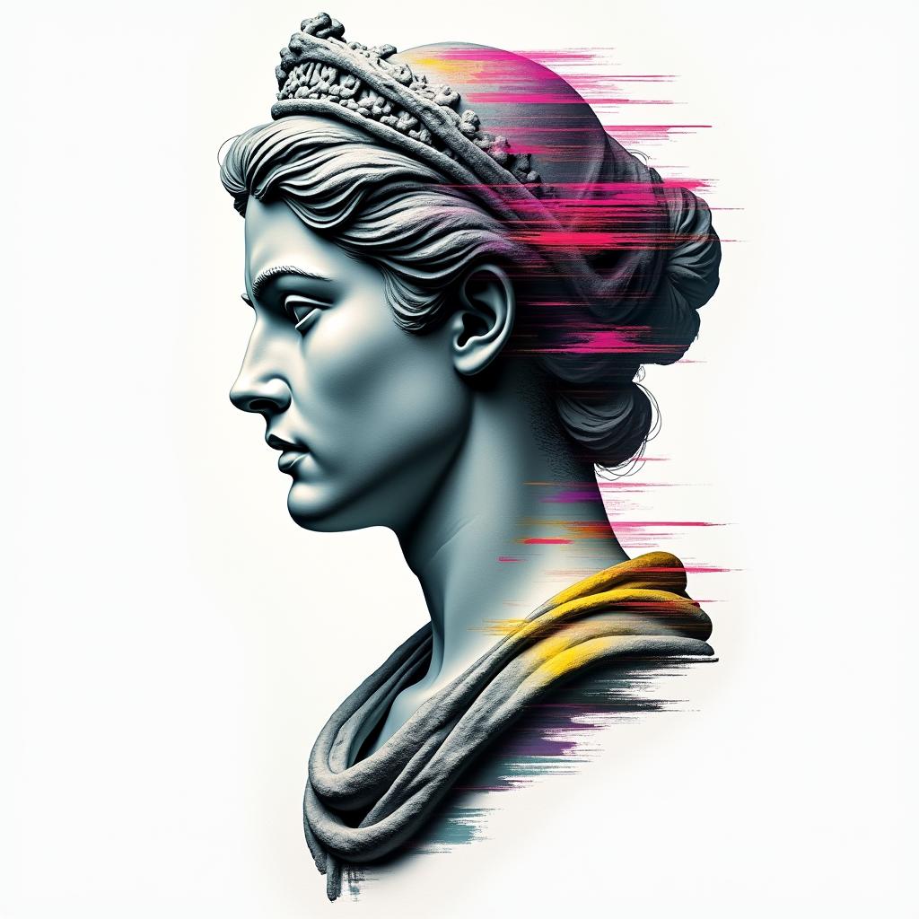 Perseverance and Headstrongin distorted and fragmented tattoo design, featuring a classical statue bust, in a glitch art style with vibrant, overlapping colors of cyan, magenta, and yellow, creating a digital distortion effect - Variation 2