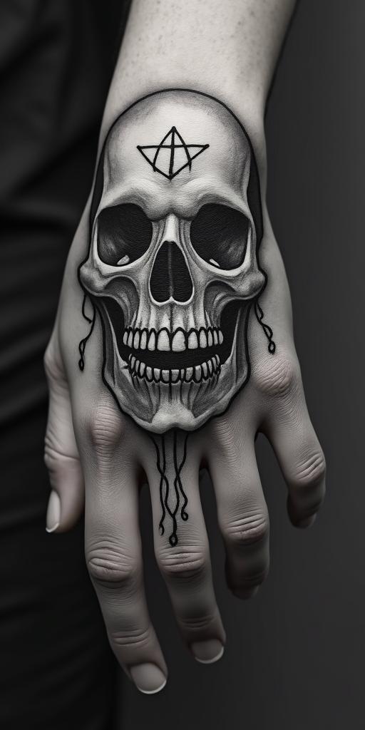 The phrase "idol hands are the devil's playground" portrayed through art. No wordscreepy horror tattoo style, featuring an eerie and unsettling skull of a demonic creature, distorted face with sharp fangs, add pentagram symbol - Variation 4