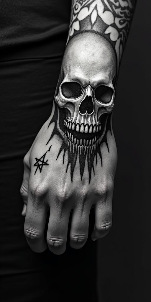 The phrase "idol hands are the devil's playground" portrayed through art. No wordscreepy horror tattoo style, featuring an eerie and unsettling skull of a demonic creature, distorted face with sharp fangs, add pentagram symbol