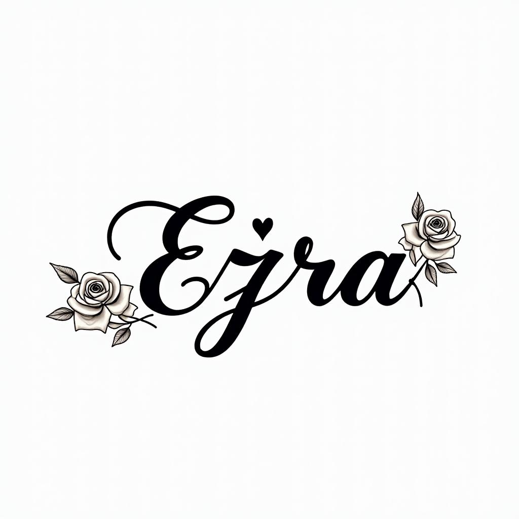 Ezra, Capricorn, December 27thin elegant cursive calligraphy style 2d tattoo, decorate with roses, featuring a smooth and flowing handwritten script with slightly thickened strokes for a luxurious and bold appearance,  heart symbol between names,  sleek and glossy black text with shadowing, minimalist matte white background, clean and sharp edges, illuminated with soft lighting, romantic, 8k, high-quality textures with refined typography - Variation 2