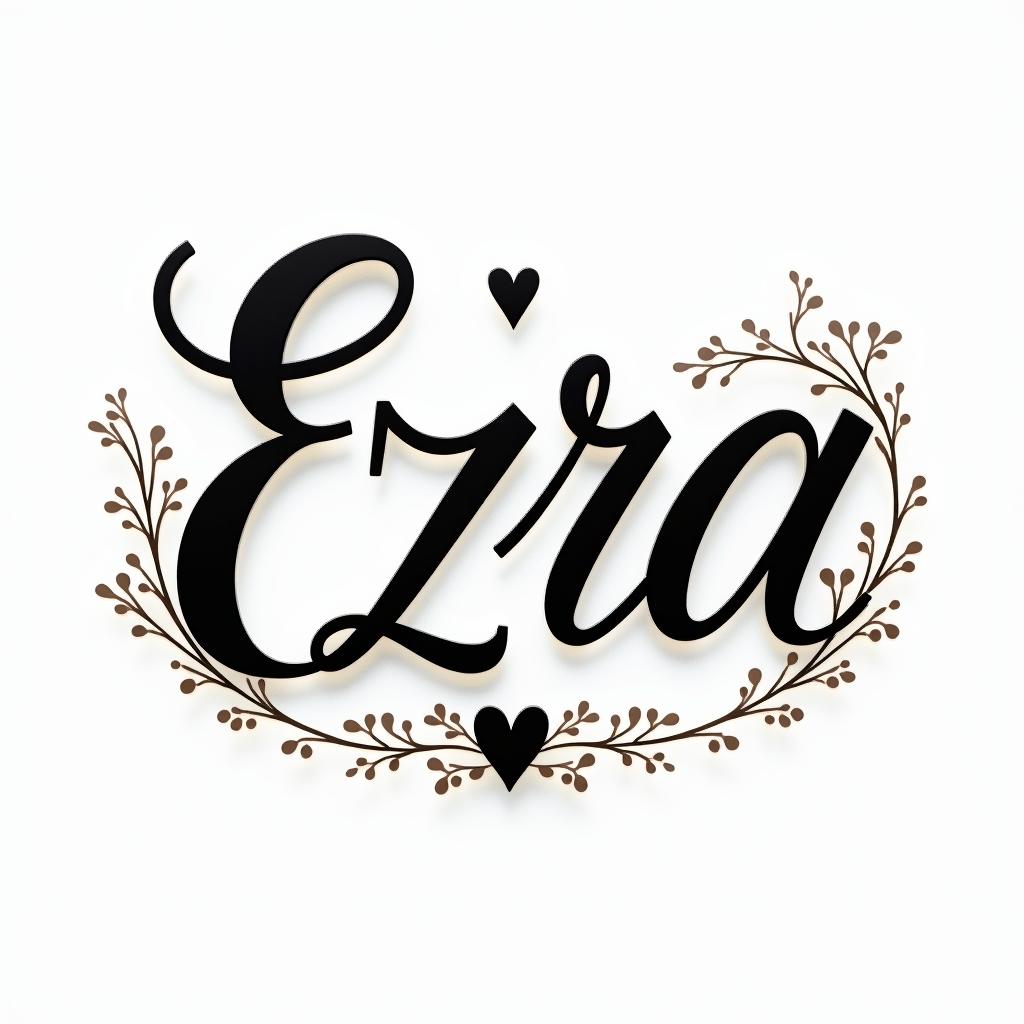 Ezra, Capricorn, December 27thin elegant cursive calligraphy style 2d tattoo, decorate with roses, featuring a smooth and flowing handwritten script with slightly thickened strokes for a luxurious and bold appearance,  heart symbol between names,  sleek and glossy black text with shadowing, minimalist matte white background, clean and sharp edges, illuminated with soft lighting, romantic, 8k, high-quality textures with refined typography - Variation 4