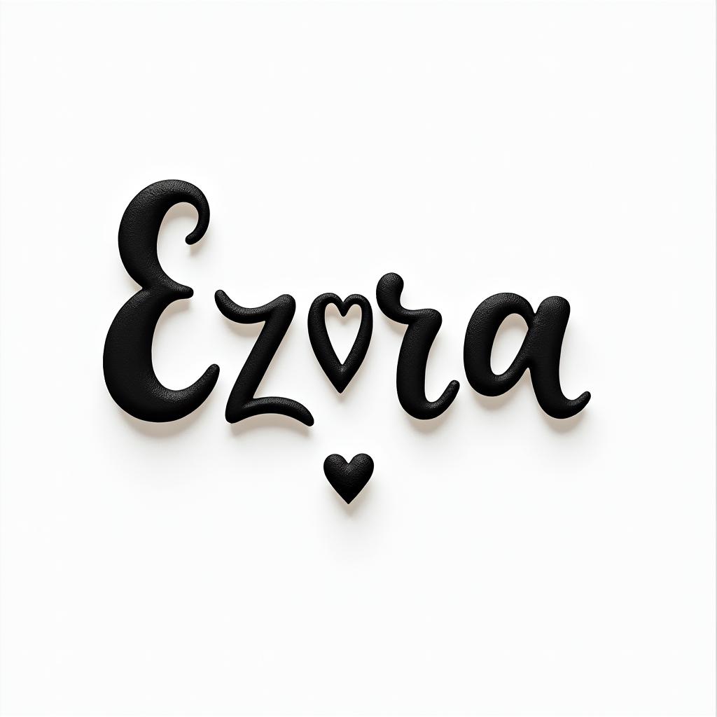 Ezra, Capricorn, December 27thin elegant cursive calligraphy style 2d tattoo, decorate with roses, featuring a smooth and flowing handwritten script with slightly thickened strokes for a luxurious and bold appearance, heart symbol between names, sleek and glossy black text with shadowing, minimalist matte white background, clean and sharp edges, illuminated with soft lighting, romantic, 8k, high-quality textures with refined typography