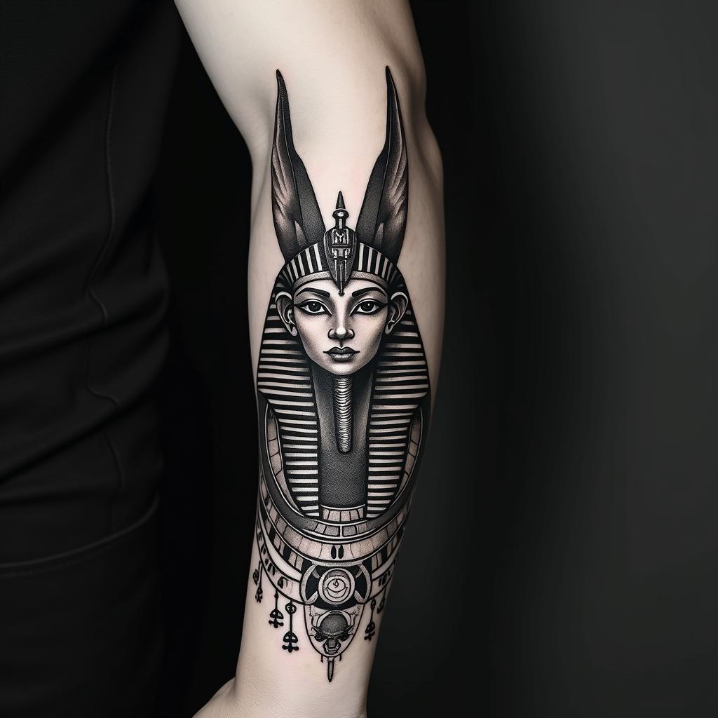 Anubis and a time peice arm sleevein egyptian style tattoo, bold elements of ancient egyptian culture including a portrait of an Egyptian pharaoh with detailed facial features, in hieroglyphs and symbolic imagery, eye of horus, ankh symbol, scarab beetle - Variation 2