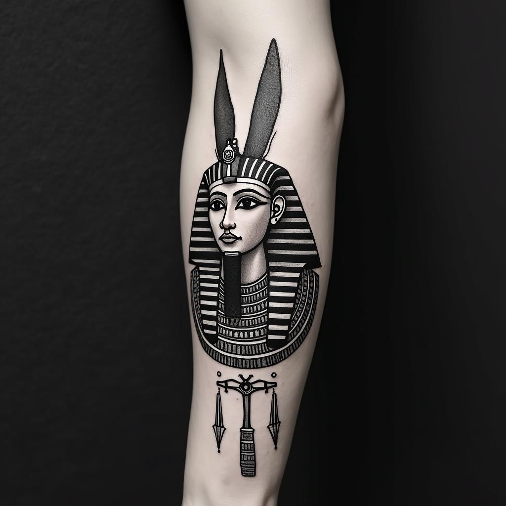 Anubis and a time peice arm sleevein egyptian style tattoo, bold elements of ancient egyptian culture including a portrait of an Egyptian pharaoh with detailed facial features, in hieroglyphs and symbolic imagery, eye of horus, ankh symbol, scarab beetle