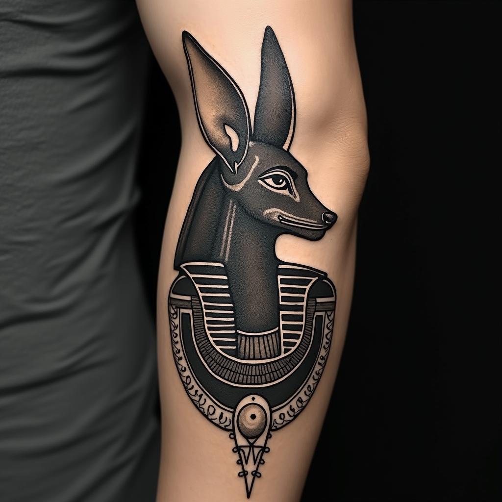 Anubis and a time peice arm sleevein egyptian style tattoo, bold elements of ancient egyptian culture including a portrait of an Egyptian pharaoh with detailed facial features, in hieroglyphs and symbolic imagery, eye of horus, ankh symbol, scarab beetle - Variation 3