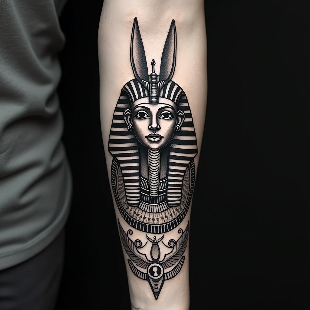 Anubis and a time peice arm sleevein egyptian style tattoo, bold elements of ancient egyptian culture including a portrait of an Egyptian pharaoh with detailed facial features, in hieroglyphs and symbolic imagery, eye of horus, ankh symbol, scarab beetle - Variation 4