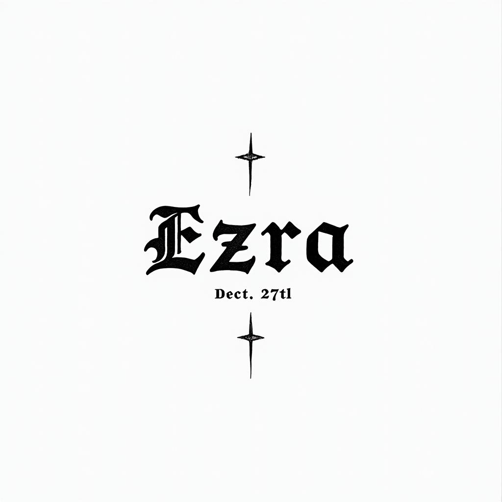 Ezra, Capricorn, December 27thminimalist text-based tattoo, Monospace font ultra-realistic, perfectly placed, high-quality font design, photo-realistic shading, 8k, high quality, finely detailed typograph - Variation 2