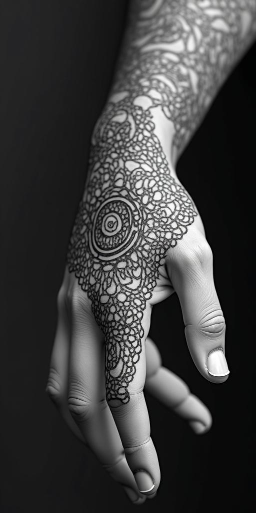 The phrase "idol hands are the devil's playground" portrayed through art. No wordsin dotwork style tattoo, complex mandala patterns, interlocking geometric shapes with sharp symmetry, clean lines, sharp angles - Variation 2