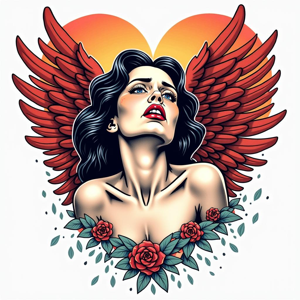 I am 23 years old. I am from Livra. I had a great romantic loss. I have a lot of hate and anger. I like Olympus. And the painting of the crying angel.in pop art style tattoo, featuring bold and vibrant colors, exaggerated outlines, iconic imagery, inspired by comic books and speech bubbles, comic book characters, retro pop culture - Variation 1
