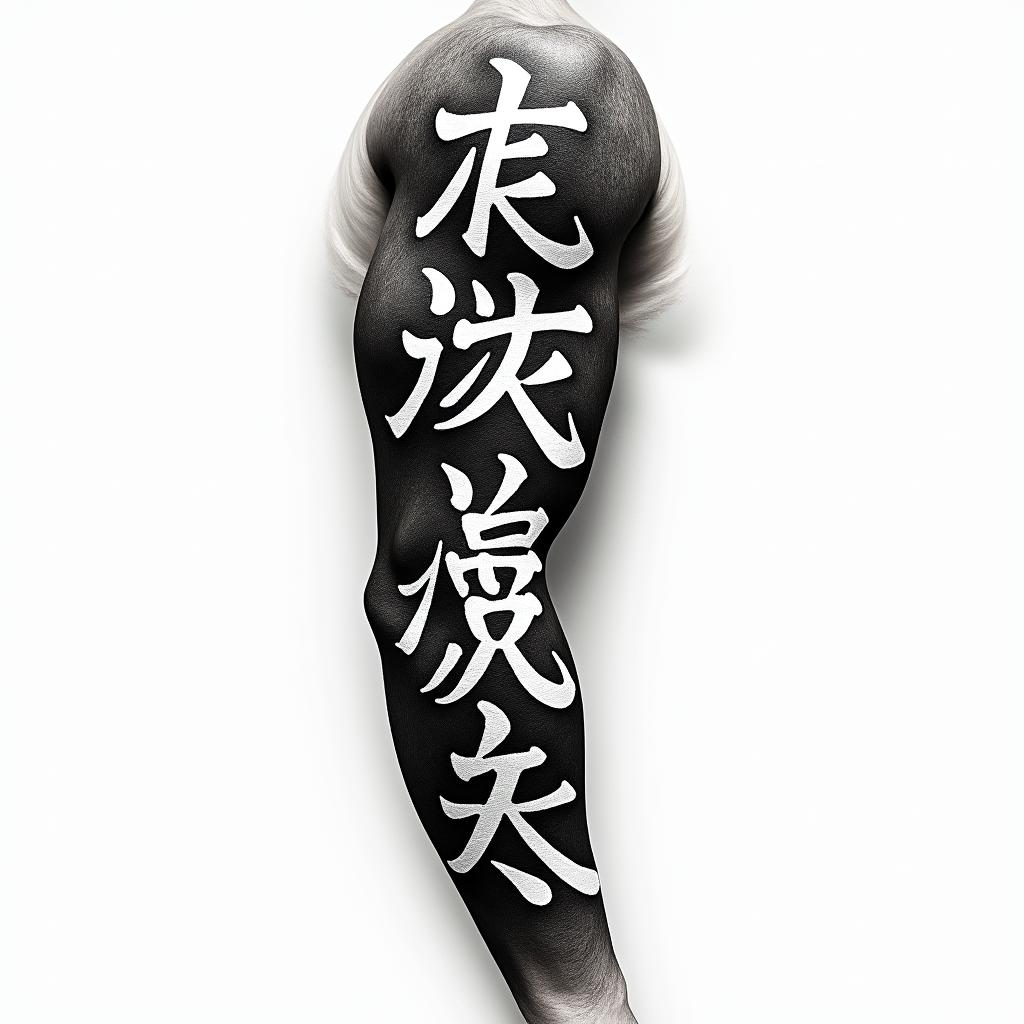 Japanese Samurai Full Arm Sleevetext-based tattoo, japanese font ultra-realistic, perfectly placed, high-quality font design, photo-realistic shading, 8k, high quality, finely detailed typograph - Variation 1