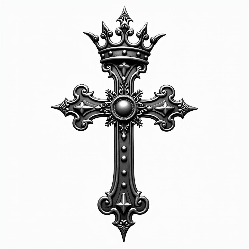 Cross with a kings crownhigly detailed tattoo - Variation 7