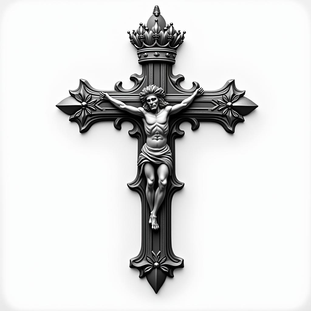 Cross with a kings crownhigly detailed tattoo - Variation 5