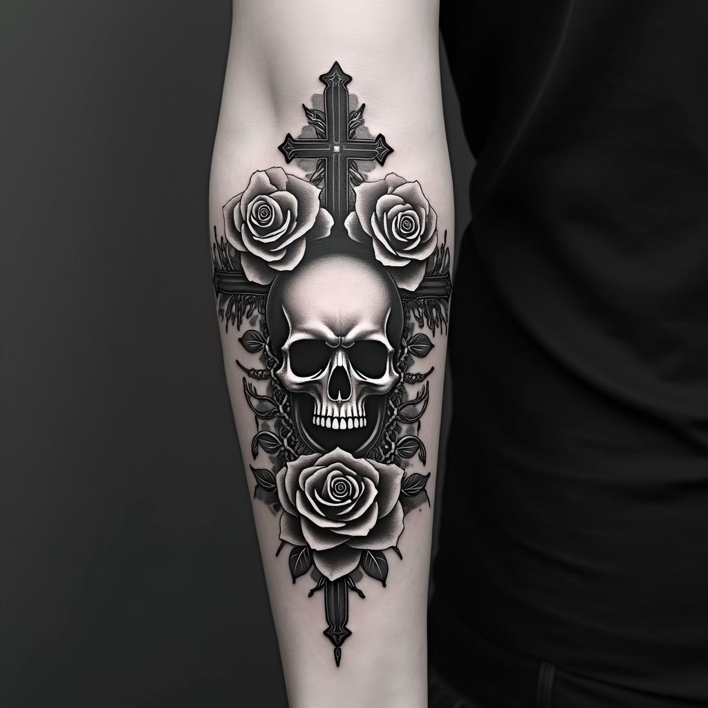 Skull and rosesin chicano style tattoo, featuring intricate black and grey shading, bold elements of traditional chicano culture symbols, add a big cross with skull, chains and roses - Variation 2
