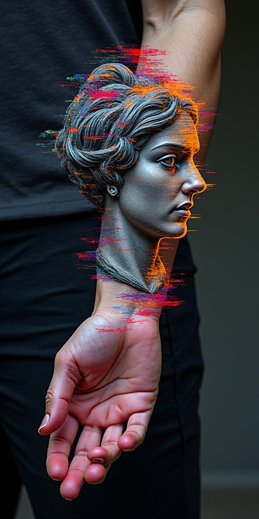 The phrase "idol hands are the devil's playground" portrayed through art. No wordsin distorted and fragmented tattoo design, featuring a classical statue bust, in a glitch art style with vibrant, overlapping colors of cyan, magenta, and yellow, creating a digital distortion effect - Variation 2