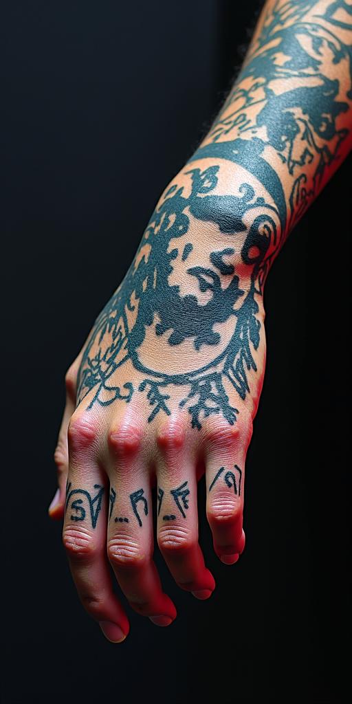 The phrase "idol hands are the devil's playground" portrayed through art. No wordsin distorted and fragmented tattoo design, featuring a classical statue bust, in a glitch art style with vibrant, overlapping colors of cyan, magenta, and yellow, creating a digital distortion effect
