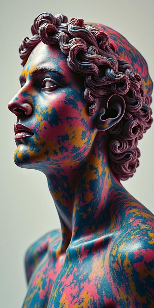The phrase "idol hands are the devil's playground" portrayed through art. No wordsin distorted and fragmented tattoo design, featuring a classical statue bust, in a glitch art style with vibrant, overlapping colors of cyan, magenta, and yellow, creating a digital distortion effect - Variation 4