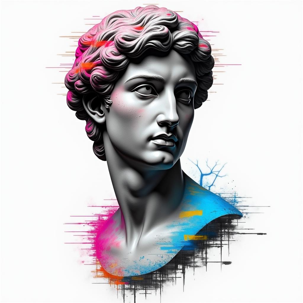 Gustavo Limain distorted and fragmented tattoo design, featuring a classical statue bust, in a glitch art style with vibrant, overlapping colors of cyan, magenta, and yellow, creating a digital distortion effect - Variation 3