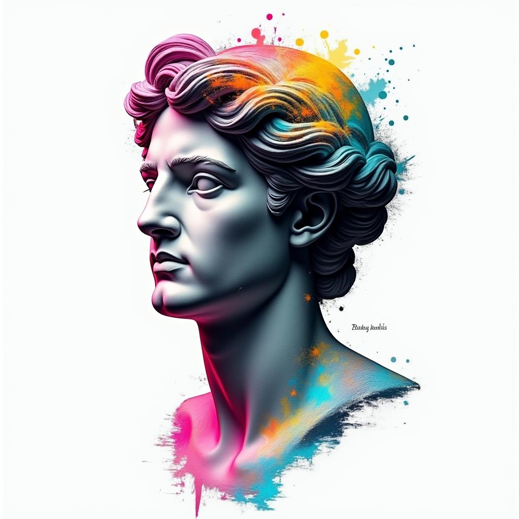 Gustavo Limain distorted and fragmented tattoo design, featuring a classical statue bust, in a glitch art style with vibrant, overlapping colors of cyan, magenta, and yellow, creating a digital distortion effect - Variation 2