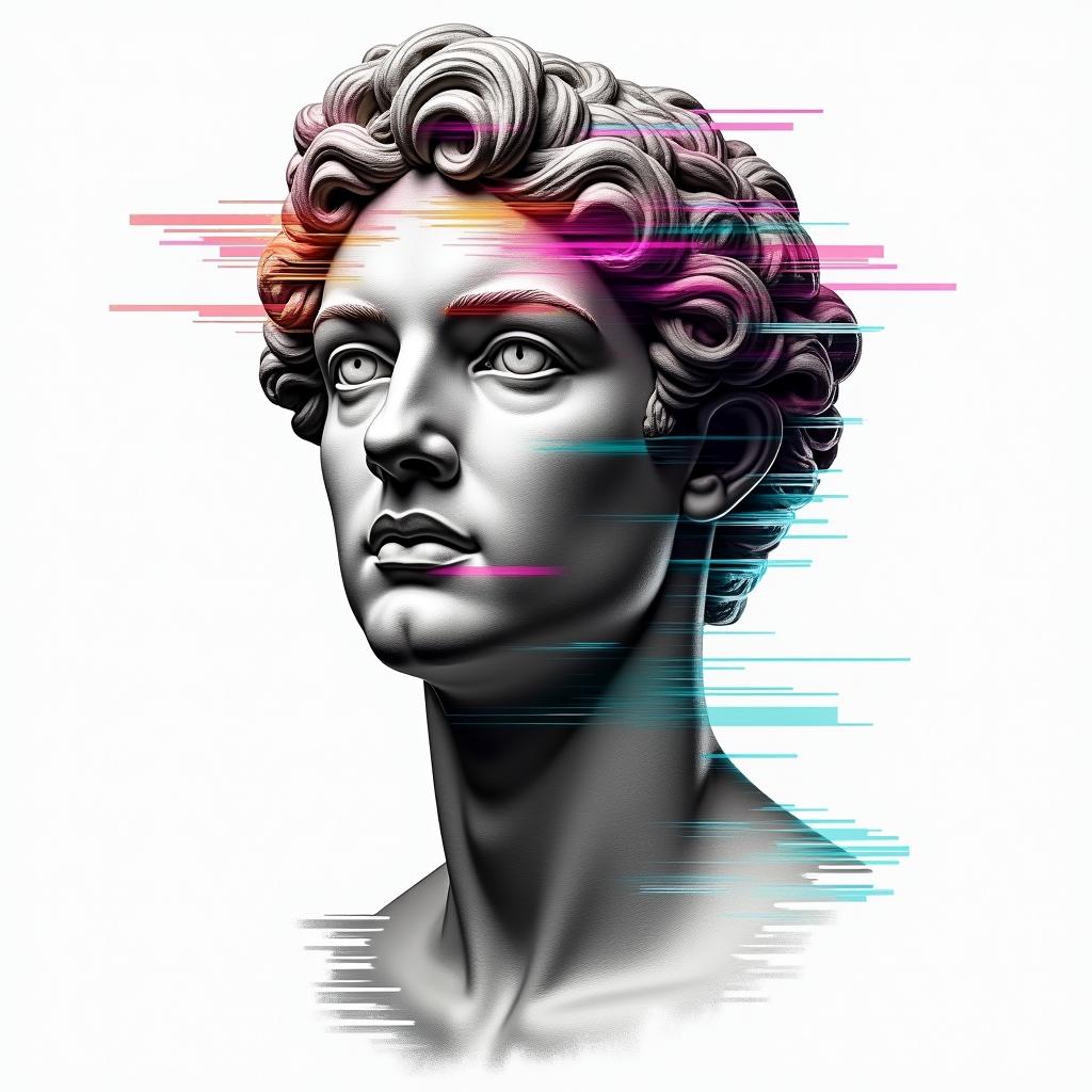 Gustavo Limain distorted and fragmented tattoo design, featuring a classical statue bust, in a glitch art style with vibrant, overlapping colors of cyan, magenta, and yellow, creating a digital distortion effect