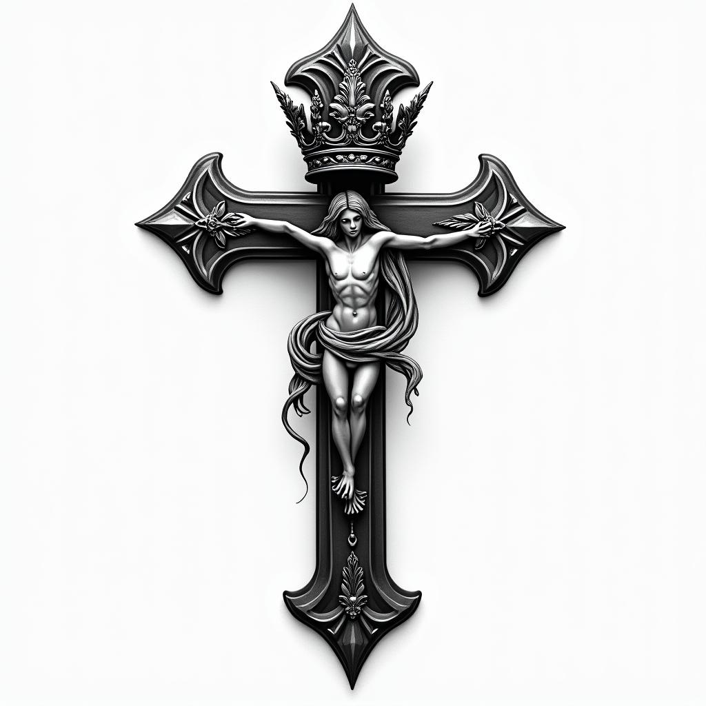 Cross with a kings crownhigly detailed tattoo - Variation 3