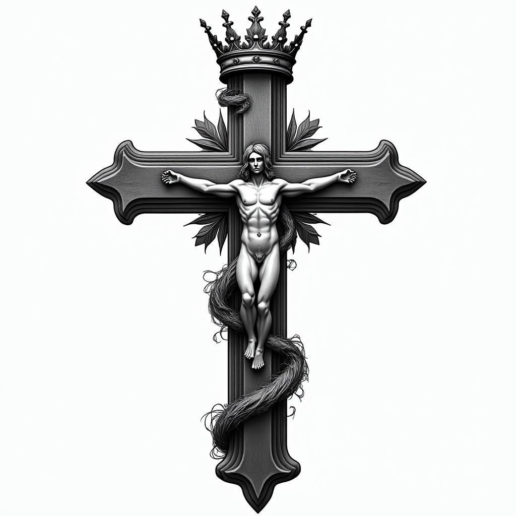 Cross with a kings crownhigly detailed tattoo - Variation 4