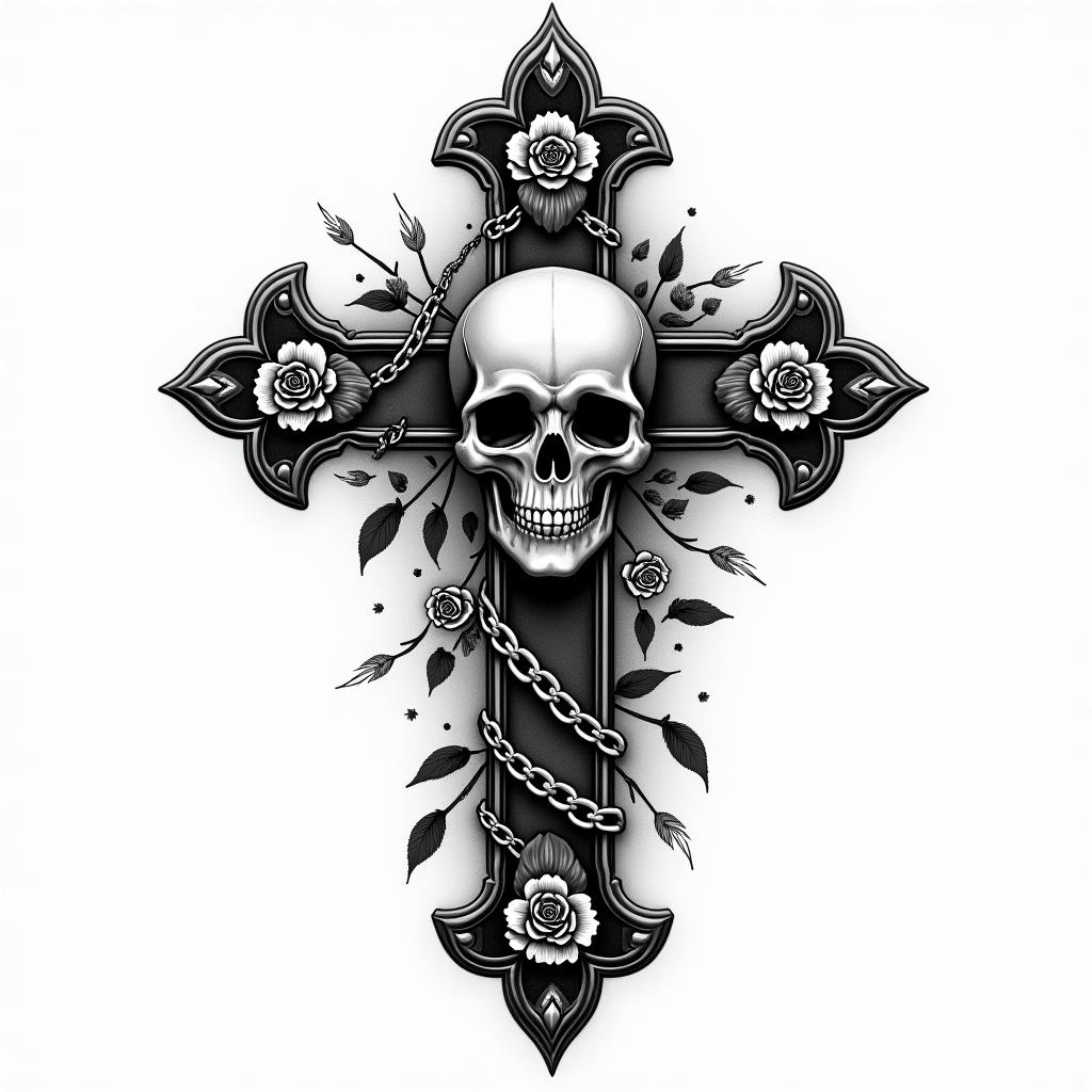 Ezra, Capricorn, December 27thin chicano style tattoo, featuring intricate black and grey shading, bold elements of traditional chicano culture symbols, add a big cross with skull, chains and roses