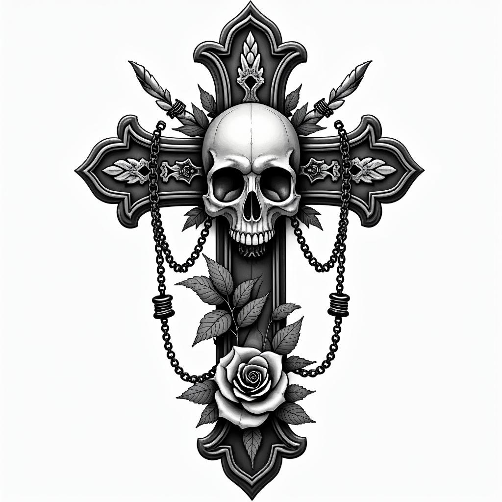 Ezra, Capricorn, December 27thin chicano style tattoo, featuring intricate black and grey shading, bold elements of traditional chicano culture symbols, add a big cross with skull, chains and roses - Variation 4