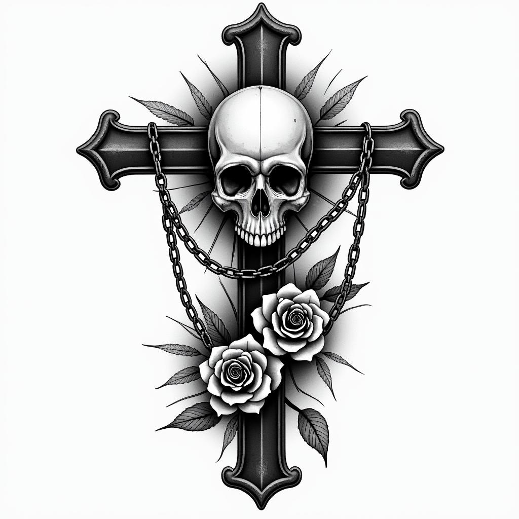 Ezra, Capricorn, December 27thin chicano style tattoo, featuring intricate black and grey shading, bold elements of traditional chicano culture symbols, add a big cross with skull, chains and roses - Variation 2