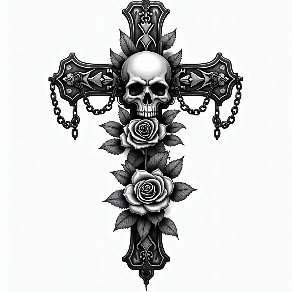 Ezra, Capricorn, December 27thin chicano style tattoo, featuring intricate black and grey shading, bold elements of traditional chicano culture symbols, add a big cross with skull, chains and roses - Variation 3