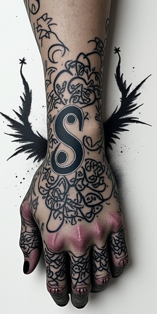 The phrase "idol hands are the devil's playground" portrayed through art. No wordsin graffiti style tattoo, featuring bold and dynamic street art elements, spray-paint texture with exaggerated lines and expressive, chaotic brushstrokes, intricate lettering incorporated with graffiti tags, symbols like hearts, stars, and wings - Variation 2