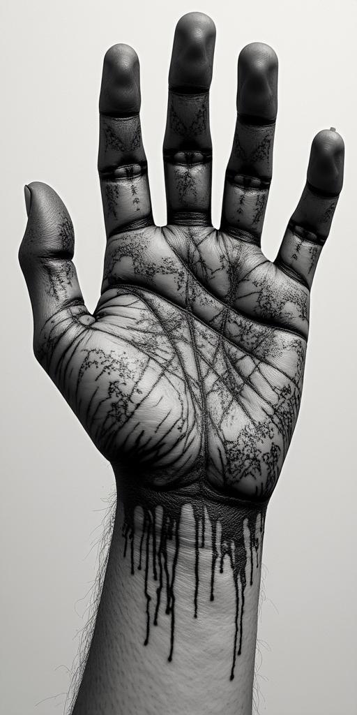 The phrase "idol hands are the devil's playground" portrayed through art. No wordsin graffiti style tattoo, featuring bold and dynamic street art elements, spray-paint texture with exaggerated lines and expressive, chaotic brushstrokes, intricate lettering incorporated with graffiti tags, symbols like hearts, stars, and wings