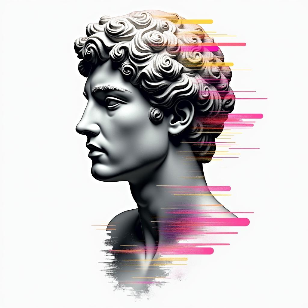 Ezra, Capricorn, December 27thin distorted and fragmented tattoo design, featuring a classical statue bust, in a glitch art style with vibrant, overlapping colors of cyan, magenta, and yellow, creating a digital distortion effect