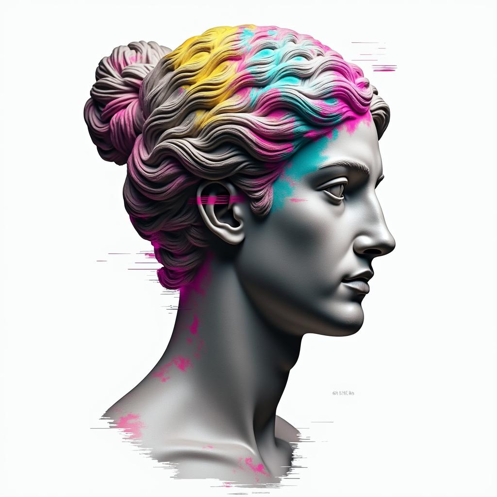 Ezra, Capricorn, December 27thin distorted and fragmented tattoo design, featuring a classical statue bust, in a glitch art style with vibrant, overlapping colors of cyan, magenta, and yellow, creating a digital distortion effect - Variation 2